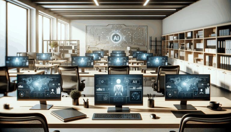 Oficina moderna con equipo tecnológico analizando datos en computadoras portátiles, fondo blanco y elementos de IA en pantalla.