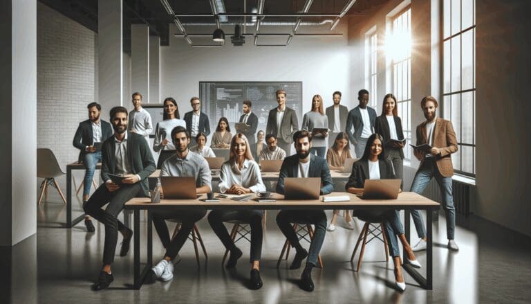 Grupo de emprendedores reunidos en un espacio de coworking moderno con laptops y pizarras inteligentes.