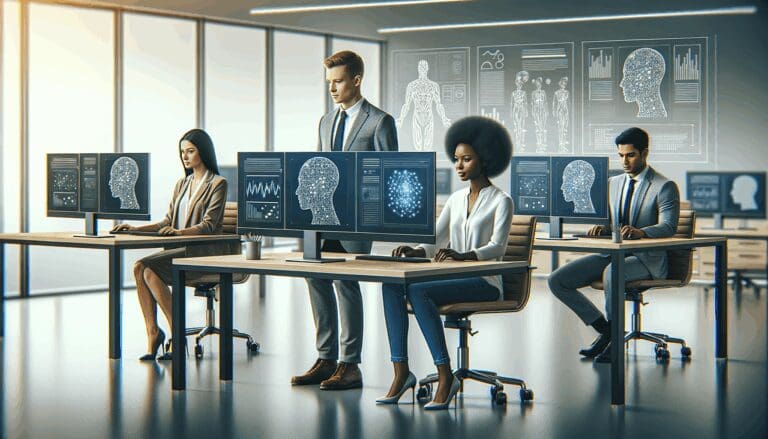 Ilustración de un equipo multicultural usando ordenadores con pantallas que muestran algoritmos de inteligencia artificial en un entorno de oficina moderno.