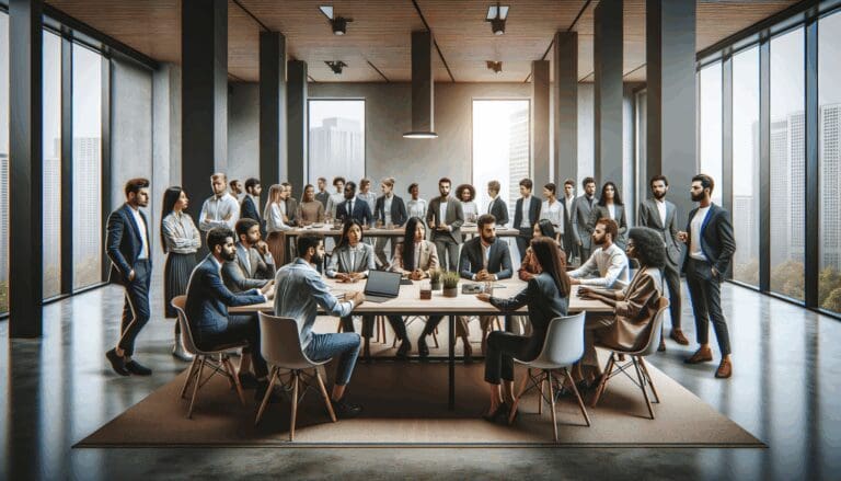 Grupo de jóvenes emprendedores colaborando en un espacio de coworking moderno.