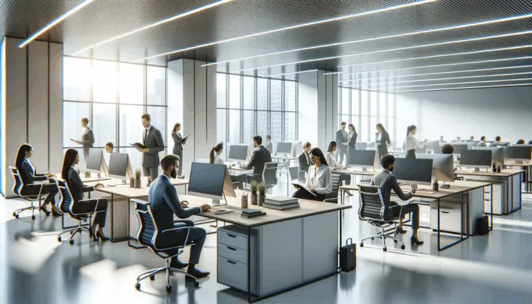 Oficinas modernas de tecnología con empleados trabajando en escritorios compartidos