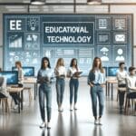 Equipo joven desarrollando tecnología educativa en un laboratorio moderno con pantallas digitales y pizarras electrónicas.
