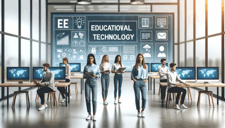 Equipo joven desarrollando tecnología educativa en un laboratorio moderno con pantallas digitales y pizarras electrónicas.