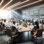 Sala de reuniones moderna con jóvenes emprendedores usando laptops, ambiente digital colaborativo.