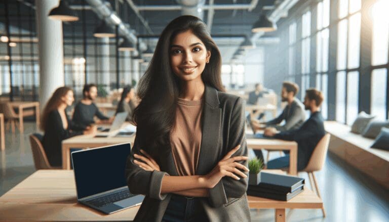 Emprendedora joven en un espacio de coworking moderno, con portátiles y ambiente colaborativo.