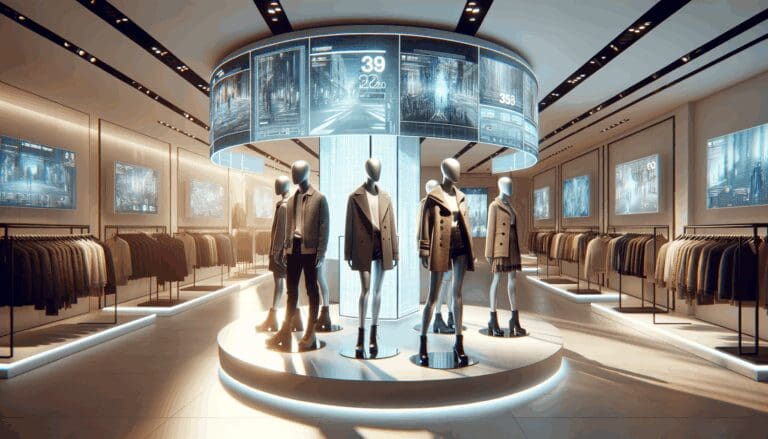 Maniquíes en una tienda de ropa futurista con pantallas digitales.