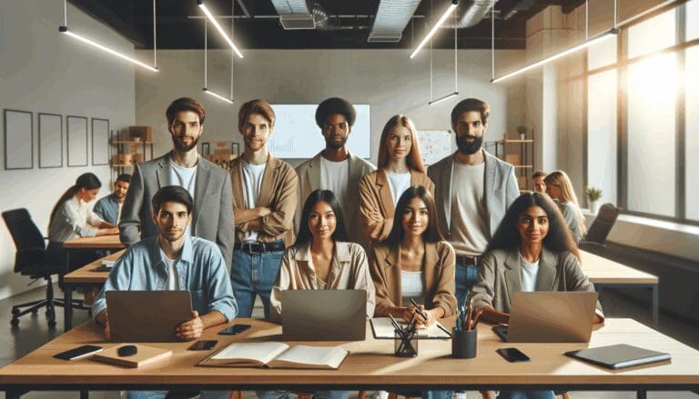 Equipo de jóvenes emprendedores trabajando en un espacio de coworking moderno con laptops y pizarras digitales.