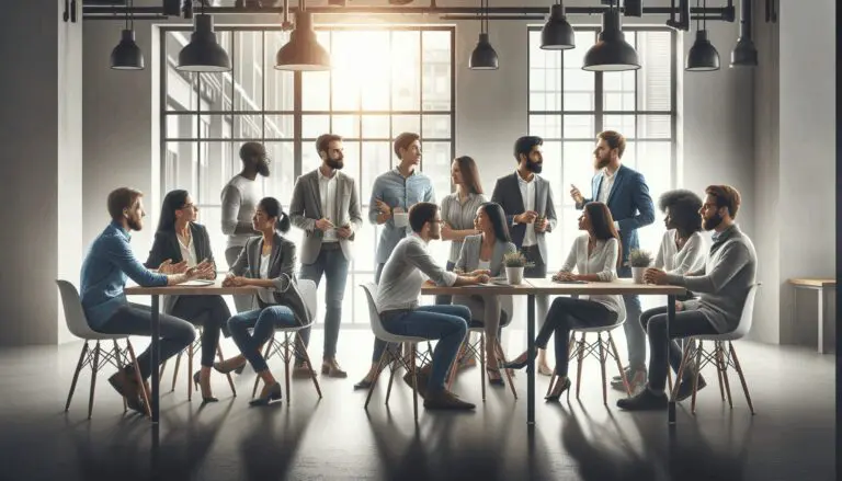 Innovadores reunidos en un espacio de coworking moderno discutiendo ideas.