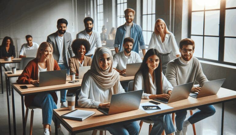 Grupo diverso de emprendedores reunidos en un espacio coworking moderno y luminoso, laptops y pantallas en uso.
