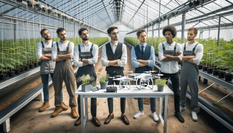 Jóvenes emprendedores observando drones y tecnología agrícola en un moderno invernadero iluminado.