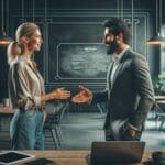 Dos emprendedores saludándose en un espacio moderno de coworking, con pizarras y laptops de fondo.