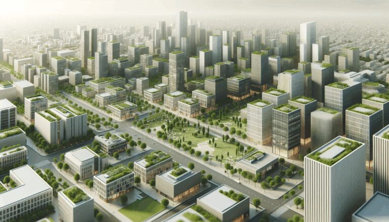 Vista aérea de una ciudad moderna con espacios verdes y edificios sostenibles