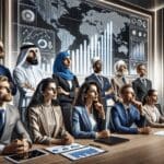 Ejecutivos observando gráficos de crecimiento en una sala de reuniones moderna con fondo tecnológico.