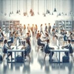 Sala de clases moderna con estudiantes y computadores, fondo ligero y ambiente colaborativo