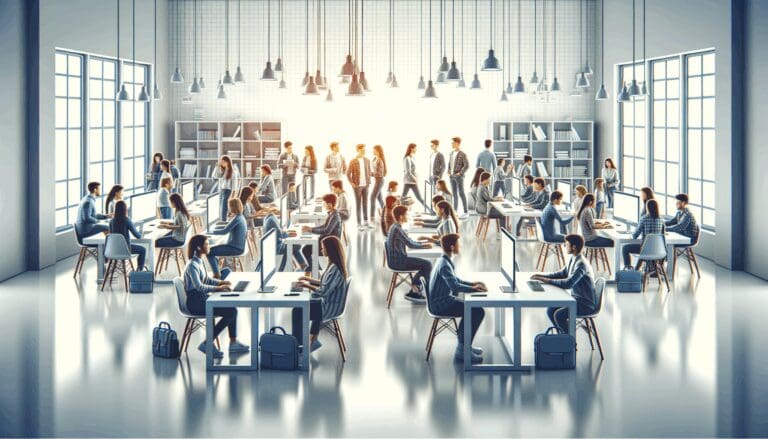 Sala de clases moderna con estudiantes y computadores, fondo ligero y ambiente colaborativo