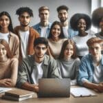 Jóvenes colaborando en un entorno educativo tecnológico