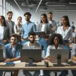 Grupo de jóvenes emprendedores colaborando en un espacio de coworking moderno con pantallas y computadoras portátiles.