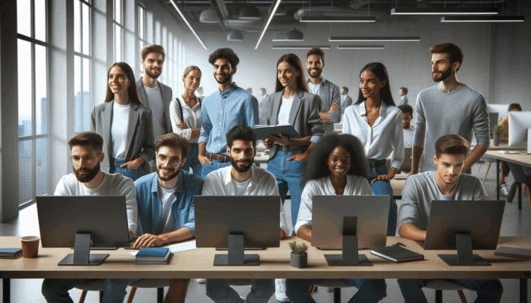 Grupo de jóvenes emprendedores colaborando en un espacio de coworking moderno con pantallas y computadoras portátiles.