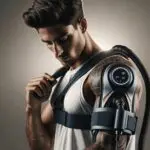 Deportista profesional utilizando un moderno dispositivo tecnológico de recuperación muscular en un entorno deportivo.