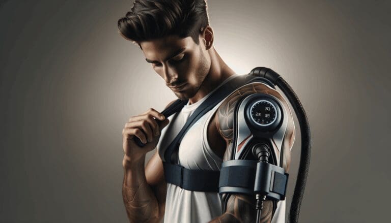 Deportista profesional utilizando un moderno dispositivo tecnológico de recuperación muscular en un entorno deportivo.