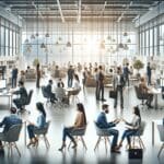 Oficinas modernas con emprendedores conversando y tecnología en el entorno, ambiente de colaboración e innovación.