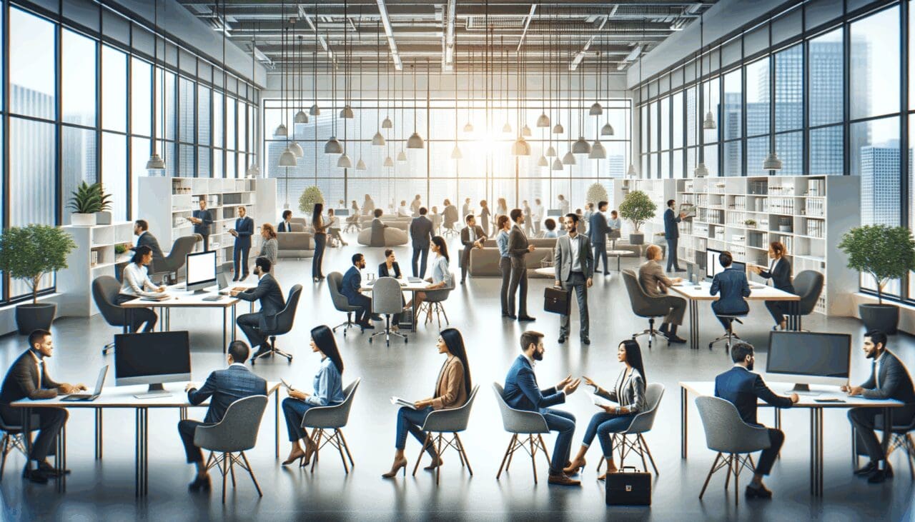 Oficinas modernas con emprendedores conversando y tecnología en el entorno, ambiente de colaboración e innovación.