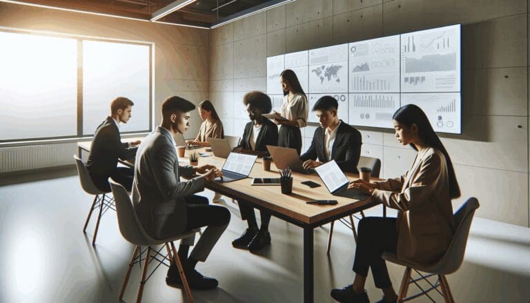 Jóvenes emprendedores analizando datos en una sala de reuniones con laptops y pizarras digitales.