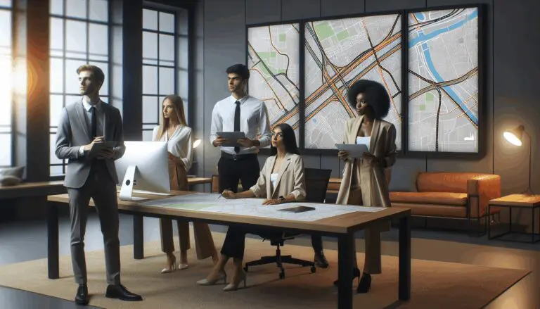 Jóvenes emprendedores analizando rutas y datos de transporte en una oficina moderna, con mapas digitales en grandes pantallas.