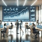 Oficinas de tecnología modernas con empleados colaborando y pantallas digitales mostrando gráficos ascendentes.