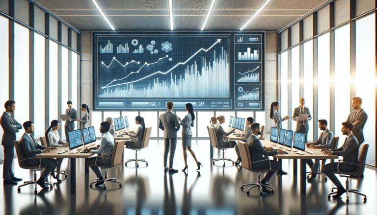 Oficinas de tecnología modernas con empleados colaborando y pantallas digitales mostrando gráficos ascendentes.