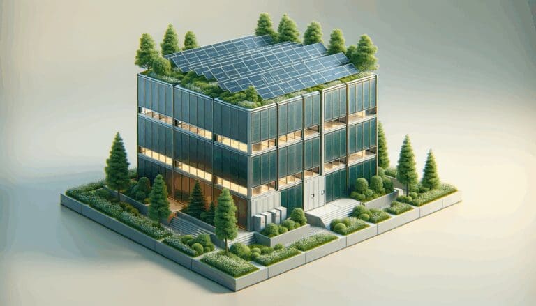 Render moderno de un centro de datos modular rodeado de vegetación y paneles solares.