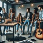 Jóvenes emprendedores colaborando en un espacio de coworking moderno, rodeados de instrumentos musicales y tecnología.