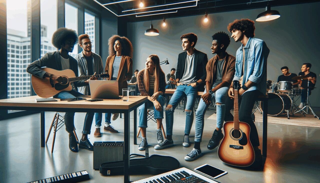 Jóvenes emprendedores colaborando en un espacio de coworking moderno, rodeados de instrumentos musicales y tecnología.