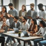 Grupo diverso de jóvenes emprendedores colaborando en un espacio moderno de coworking, con laptops y pizarras digitales.