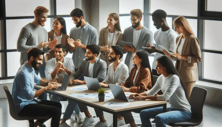 Grupo diverso de jóvenes emprendedores colaborando en un espacio moderno de coworking, con laptops y pizarras digitales.