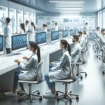 Profesionales de la salud utilizando computadoras en un laboratorio moderno, ambiente luminoso y tecnológico.