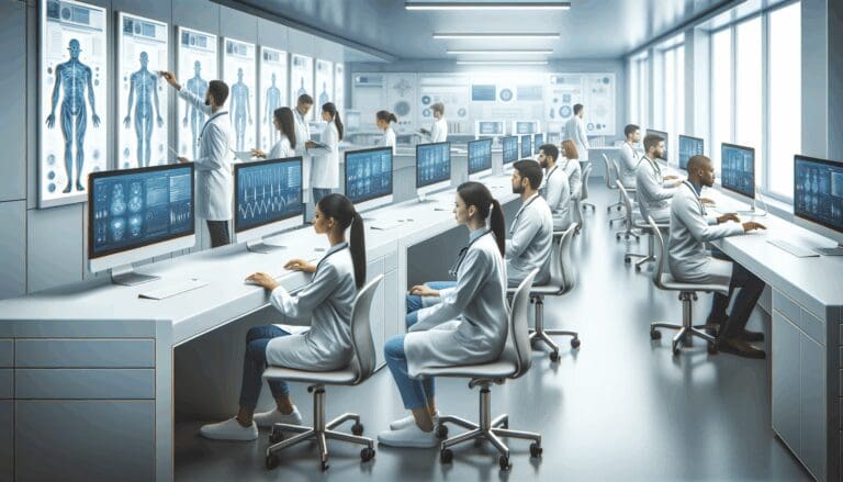 Profesionales de la salud utilizando computadoras en un laboratorio moderno, ambiente luminoso y tecnológico.