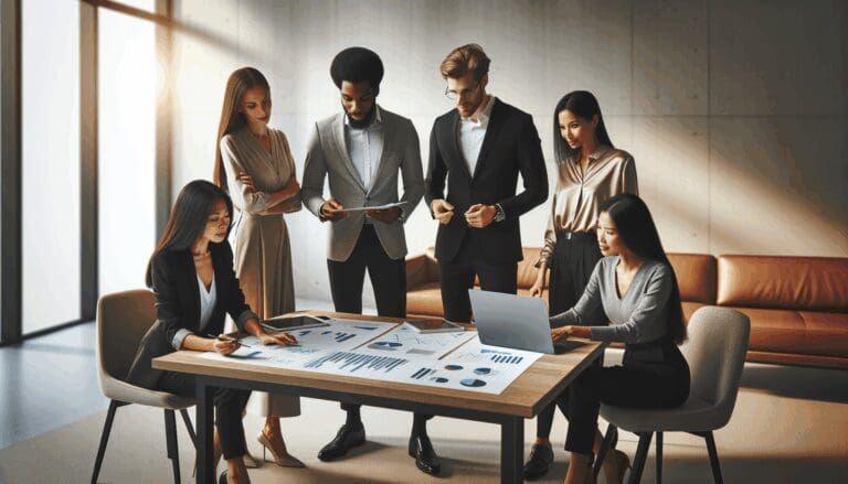 Equipo de emprendedores en sala de reuniones revisando gráficos y laptops, ambiente moderno y colaborativo.