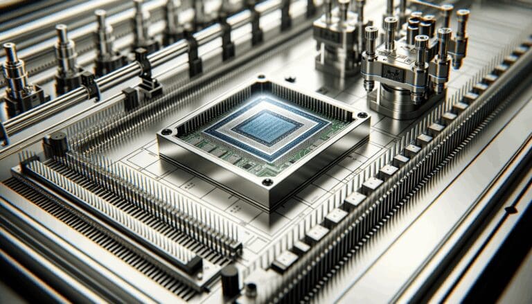 Primer plano de una línea de producción de microchips en una moderna fábrica tecnológica.