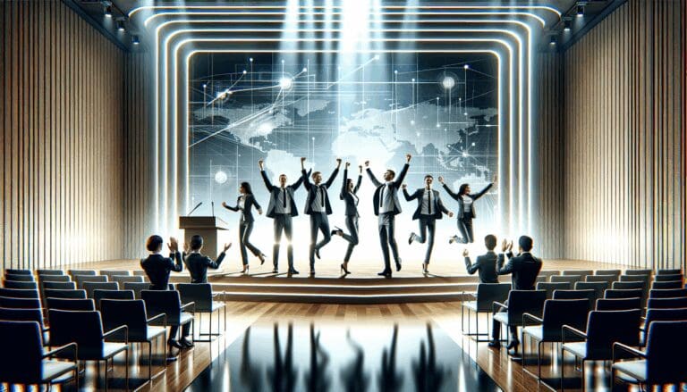 Emprendedores celebrando en un auditorio moderno, con fondo tecnológico y ambiente de innovación.