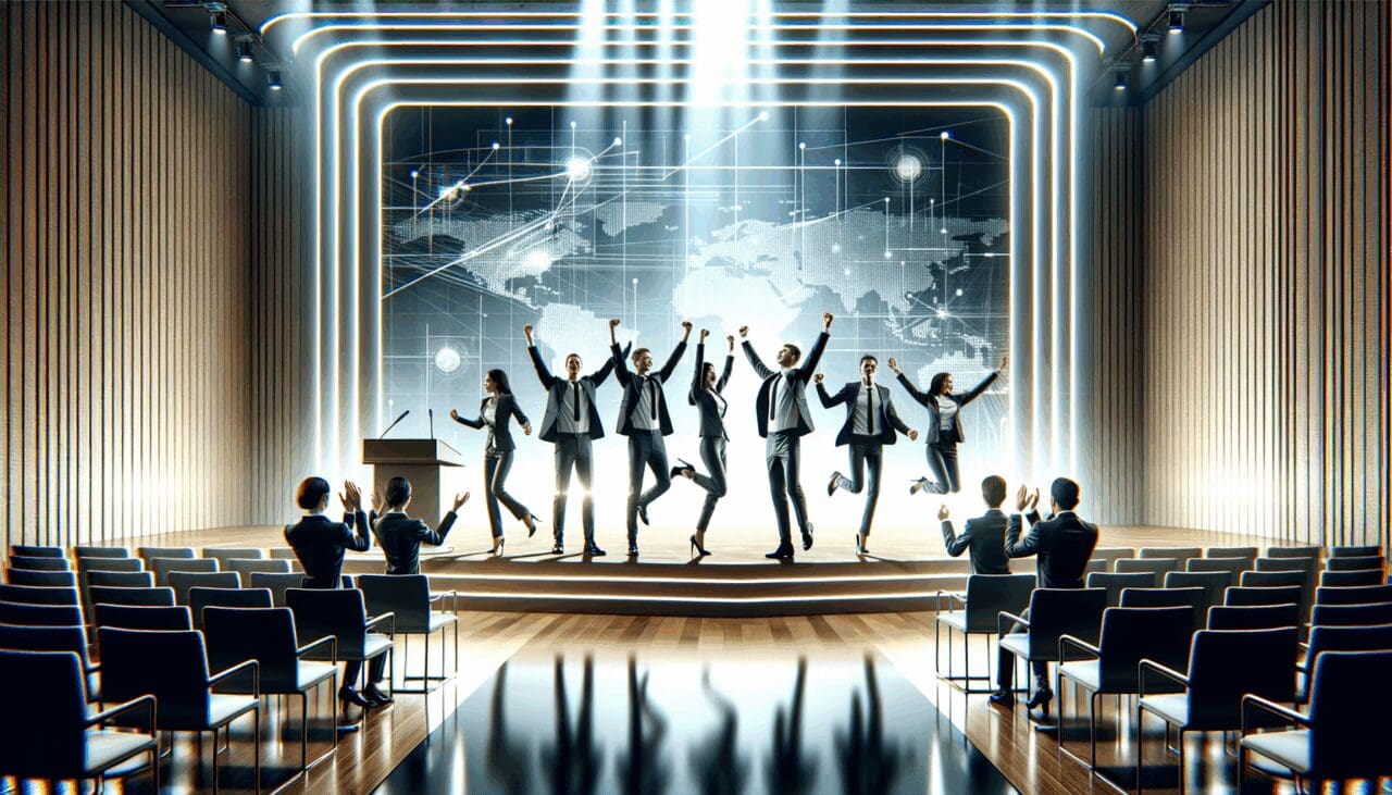 Emprendedores celebrando en un auditorio moderno, con fondo tecnológico y ambiente de innovación.