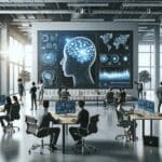 Oficina tecnológica moderna con emprendedores colaborando frente a pantallas que muestran visualizaciones de inteligencia artificial.