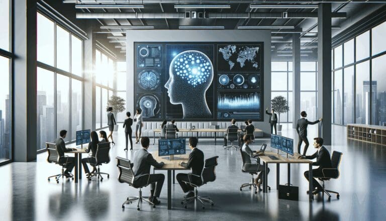 Oficina tecnológica moderna con emprendedores colaborando frente a pantallas que muestran visualizaciones de inteligencia artificial.