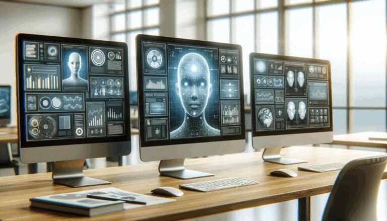Pantallas de computadoras mostrando interfaces de inteligencia artificial en un ambiente de oficina moderna.
