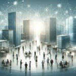 Ilustración de una red digital conectando a personas y edificios empresariales en un entorno moderno.