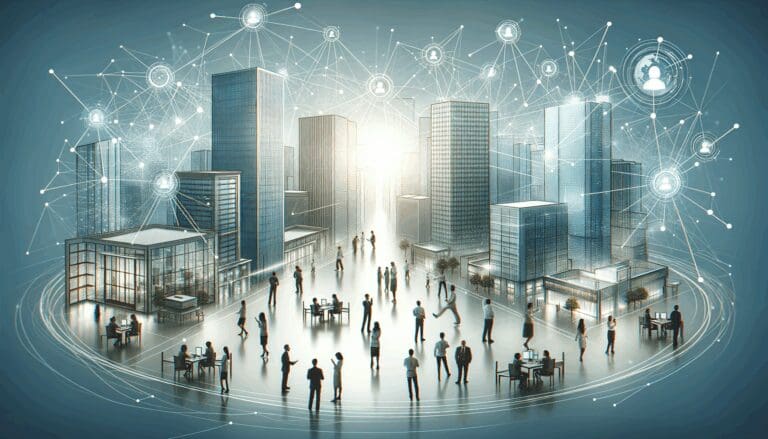 Ilustración de una red digital conectando a personas y edificios empresariales en un entorno moderno.