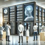 Laboratorio moderno con ingenieros observando pantallas de inteligencia artificial y grandes servidores.