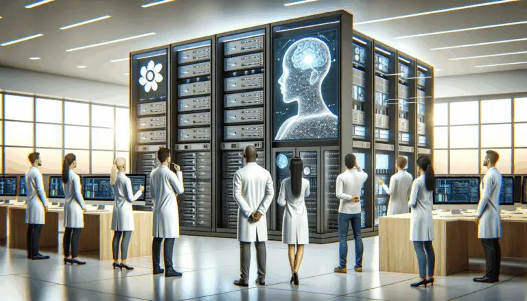 Laboratorio moderno con ingenieros observando pantallas de inteligencia artificial y grandes servidores.