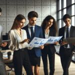 Jóvenes profesionales en una sala moderna revisando gráficas y dispositivos digitales.