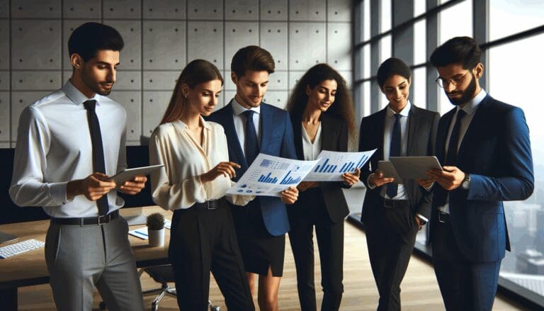 Jóvenes profesionales en una sala moderna revisando gráficas y dispositivos digitales.
